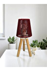 Üç Ayak Mini Ahşap Abajur (Bordo Makrome İp Başlık)