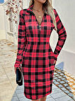 civetta Kadın Uzun Kollu Fermuarlı Ekose Baskılı Dalgıç Elbise