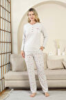 Kadın Gri Kalp Desenli Düğmeli Likralı Viskon Uzun Kol Cepli Pijama Takımı