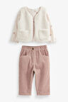 Pamuklu Ekru Fitilli Kadife Pantolon Borg Peluş Ceket Body 3’lü Alt Üst Takım