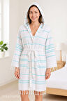 Kapşonlu Unisex Beyaz Çizgili Banyo Deniz Plaj Peştemal Bornozu %100 Pamuklu