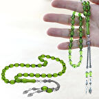 925 Ayar Gümüş Çift Püsküllü Arpa Kesim Su Yeşili Ateş Kehribar Tesbih