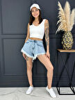  Kadın Yüksek Bel Yırtmaç Detaylı Denim Kot Şort Mavi