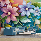 3 Boyutlu Rengarenk Çiçek Temalı Duvar Kağıdı