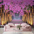 Pembe Çiçekli Ağaç Manzaralı Duvar Kağıdı