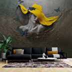 Sarı Şapkalı Kelebek Desenli Kadın Temalı Duvar Kağıdı