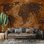 Vintage Ahşap Temalı Dünya Haritası Duvar Kağıdı