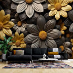 3 Boyutlu Siyah Sarı Çiçek Desenli Duvar Kağıdı