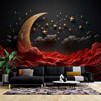 3 Boyutlu Siyah Kabartma Ay ve Yıldız Desenli Duvar Kağıdı