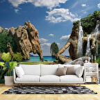 Deniz Manzaralı İnsan ve Fil Silüet Temalı Duvar Kağıdı