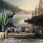 Göl Üzerinde Geyik Manzaralı Duvar Kağıdı