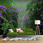 Mor Çiçekli Yeşil Orman Patika Yol Manzaralı Duvar Kağıdı