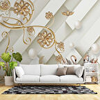 3D İnci ve Altın Çiçek Duvar Kağıdı Baskı