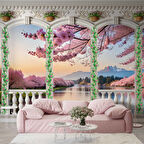 Pembe Ağaç ve Nehir Sutun Duvar Kağıdı Baskı