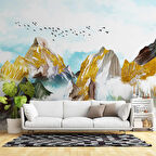 Dağ Gökyüzü ve Kuş Çizimi Duvar Kağıdı Baskı