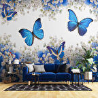 Mavi Beyaz Çiçek ve Kelebek Duvar Kağıdı Baskı