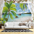 Balkon ve Perde, Göl ve Tropikal Manzara Duvar Kağıdı Baskı