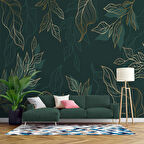 Altın Çizgili Yeşil Yaprak Duvar Kağıdı