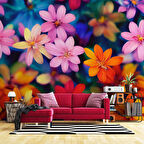 Renkli Çiçek Desenli Duvar Kağıdı Baskı