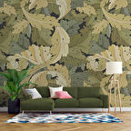 Yeşil Sarı Yaprak Desenli Duvar Kağıdı