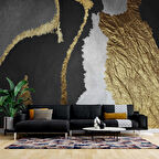 3 Boyutlu Siyah Beyaz ve Altın Desenli Duvar Kağıdı