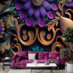 3 Boyutlu Mor Çiçek Desenli Duvar Kağıdı