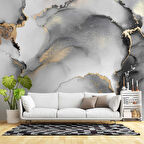 Siyah Gri Altın Simli Mermer Desenli Duvar Kağıdı