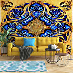 Sarı Lacivert Mandala Desenli Duvar Kağıdı