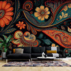 Kırmızı Yeşil Çiçek Çizimi Desenli Duvar Kağıdı