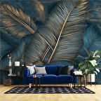 Mavi Tonlu Altın Yaprak Desenli Duvar Kağıdı