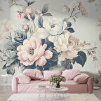 Soft Mavi Pembe Çiçek Desenli Duvar Kağıdı