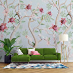 Yeşil Zemin Pembe Kırmızı Çiçek Desenli Duvar Kağıdı