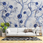 Mavi Çiçek ve Dal Desenli Duvar Kağıdı