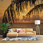 Gün Batımı ve Palmiye Dal Manzaralı Duvar Kağıdı