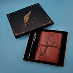 Deri Defter ve Tükenmez Kalem Karton Kutu Kahverengi