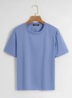 Unisex Oversize Bisiklet Yaka Düz Basic T-Shirt - MAVİ
