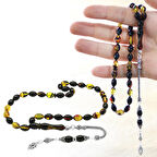 925 Ayar Gümüş Püsküllü Arpa Kesim Bala-Siyah Ateş Kehribar Tesbih