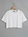 Kadın Oversize Bisiklet Yaka Düz Crop T-shirt - BEYAZ