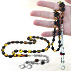 Kararmaz Metal Ayyıldız Püsküllü Arpa Kesim Bala-Siyah Ateş Kehribar Tesbih