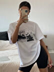 Unisex Pamuklu Beyaz Oversize "Vacation" Baskılı Bisiklet Yaka Rahat Günlük T-shirt