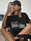 Unisex Siyah Oversize Tişört "Vacation" Baskılı Bisiklet Yaka Rahat Günlük T-shirt
