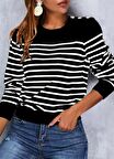 Kadın Uzun Kollu Omuzu Düğme Detay çizgili Triko Kazak