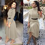 Kadın Boğazlı Beli Lastikli Kemer Detaylı Akrilik Elbise