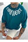 Erkek Petrol Mavi Yaka Baskılı Oversize T-shirt