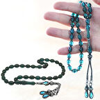 1000 Ayar Gümüş Kazaz Püsküllü Arpa Kesim Turkuaz Ateş Kehribar Tesbih