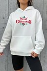 Yılbaşı Merry Christmas Baskılı Oversize Kapüşonlu Sweatshirt Hoodie - Beyaz