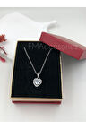 Çelik Kadın Kolye Paslanmaz Gümüş Renk Kalpli Taşlı 45 cm Antialerjik HEDİYE KUTULU