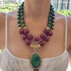 Büyük Doğal Taş Kolye, Kırmızı ve Yeşil Doğal Taş kolye, Anne Kolye Hediye, Gösterişli Kadın Doğal Taş Tasarım Kolye