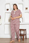 Kadın Çiçek Desen Bisiklet Yaka 3 Düğmeli %100 Pamuk Penye İnce Yazlık Kısa Kol Pijama Takımı