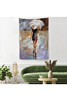 Yağmurda Yürüyen Kadın Yağlıboya Görünüm Dekoratif Duvar Örtüsü - Halısı-5928